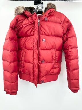 Ralph Lauren Women's Vintage Red Puffer Coat Faux Fur Hood Size Medium